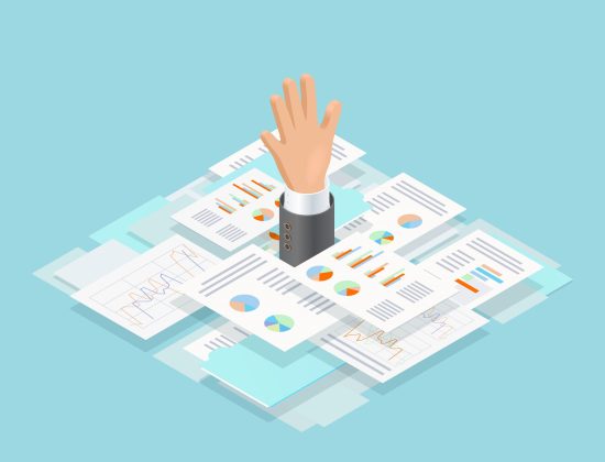 Colored isometric office paper drowning composition with mans hand reaches out of paper vector illustration