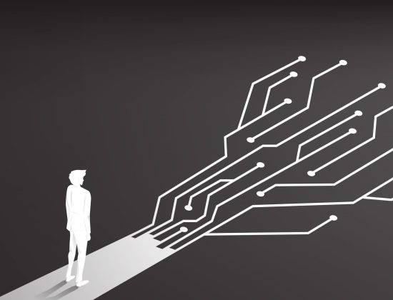 Silhouette of businessman standing on the way with dot connect line circuit. concept of digital transformation of business.