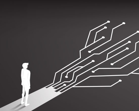 Silhouette of businessman standing on the way with dot connect line circuit. concept of digital transformation of business.