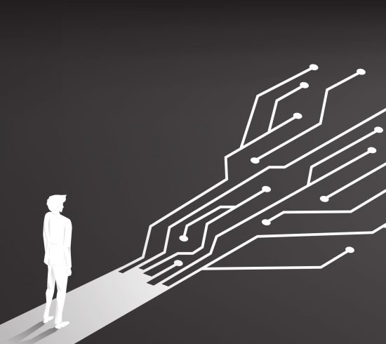 Silhouette of businessman standing on the way with dot connect line circuit. concept of digital transformation of business.